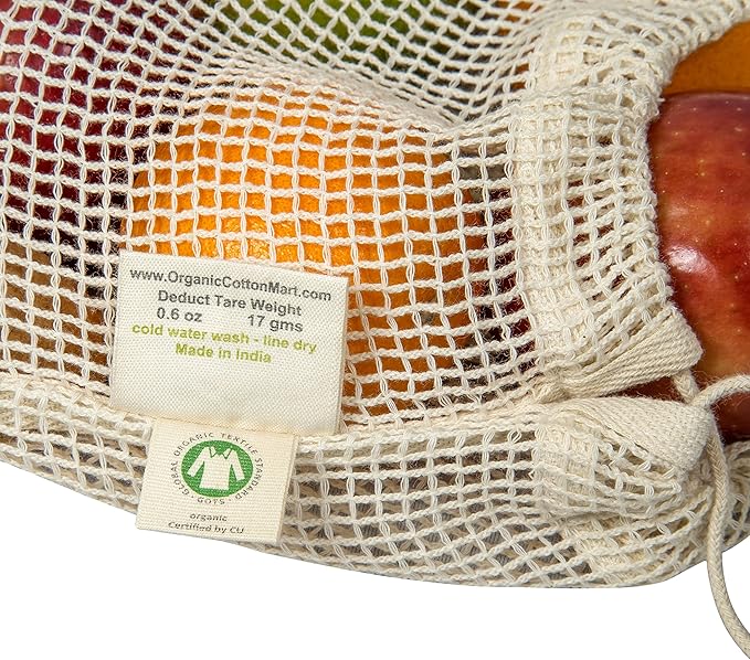 Reusable Cotton Mesh Produce Bags - 100% Organic Cotton, 8"x10", Drawstring Closure Mesh Bags to Store Cilantro, Lime and Small Vegetables and Produce (3 Small - 8"x10")