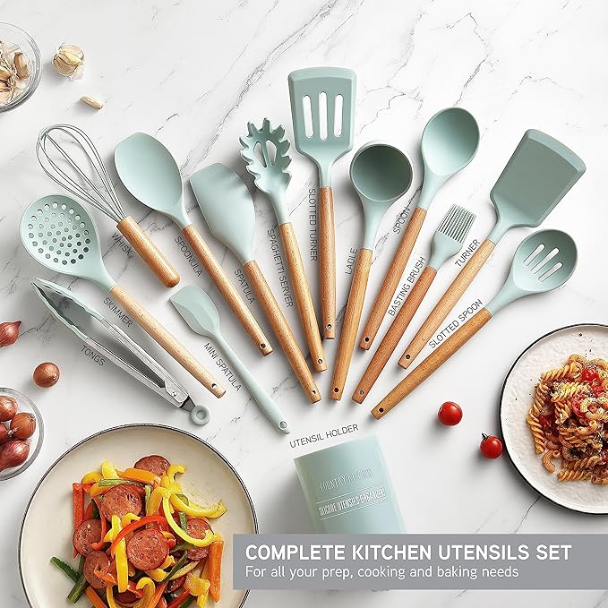 Country Kitchen Non Stick Silicone Utensil Set with Rounded Wood Handles for Cooking and Baking, 14 Piece Set, Mint