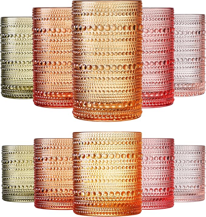 Hobnail Beaded Highball Drinking Tumbler Glasses | Set of 10 | Color, Vintage Bubble Design Whiskey Glassware, Old-Fashioned, Embossed Design, Water, Wine, Cocktail Embossed Heavy Glass, Rocks Glass