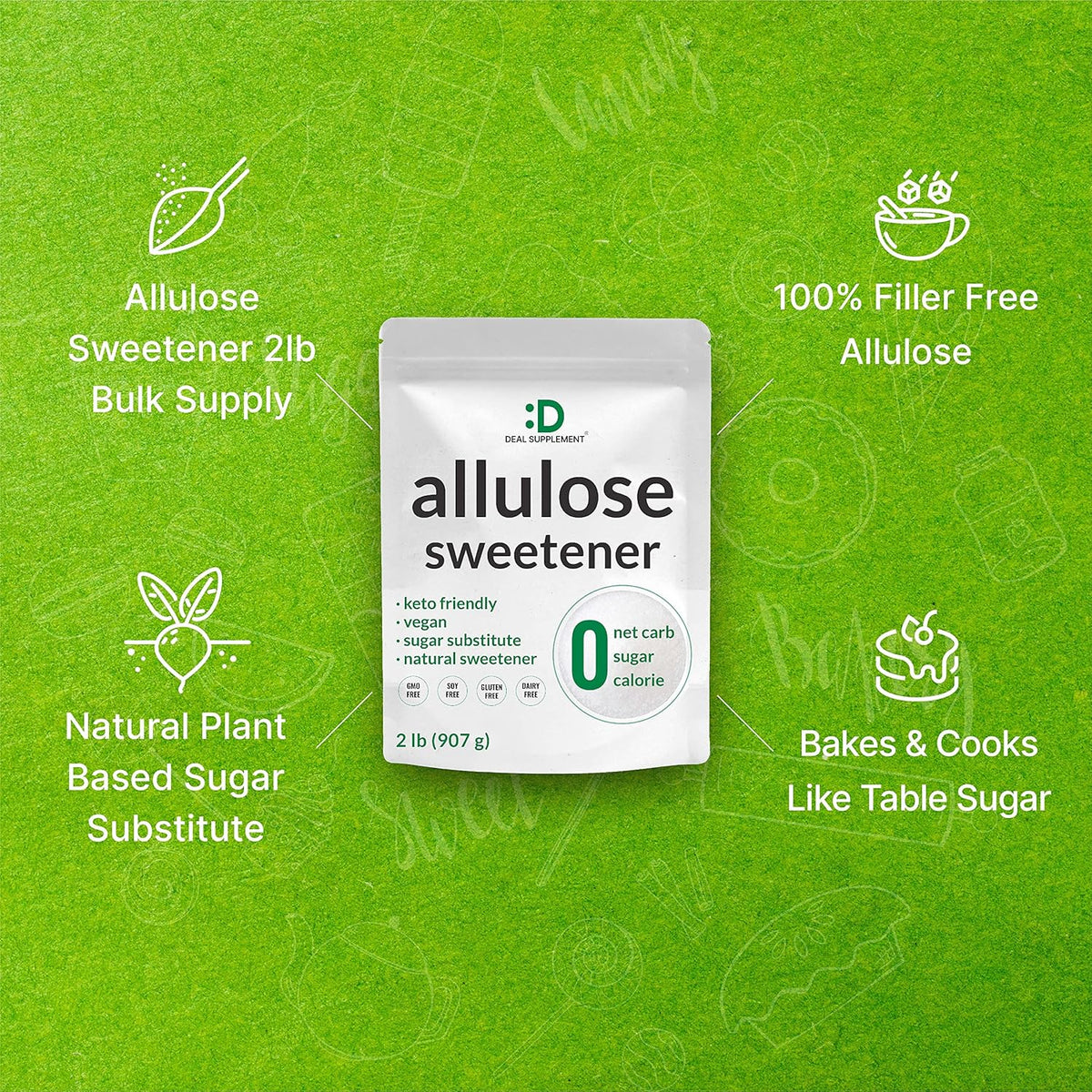 Allulose Sweetener 2 Pounds – Natural Sugar Subsitutes, No Aftertaste - Keto Friendly, Vegan, Zero Net Carb, Zero Calorie, Great for Cooking & Baking