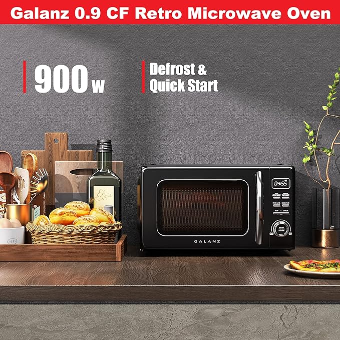 Galanz GLCMKZ09BKR09 Retro Countertop Microwave Oven with Auto Cook & Reheat, Defrost, Quick Start Functions, Easy Clean with Glass Turntable, Pull Handle, 0.9 cu ft, Black