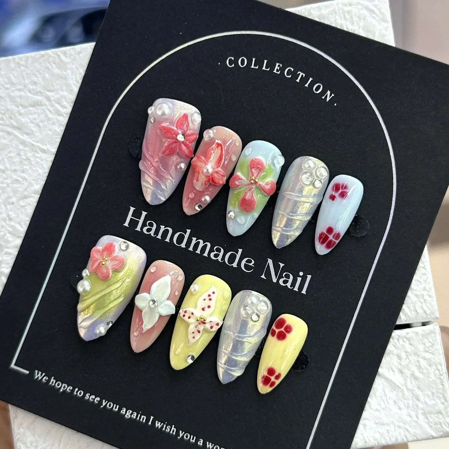 Gradient Green Floral Almond Nails