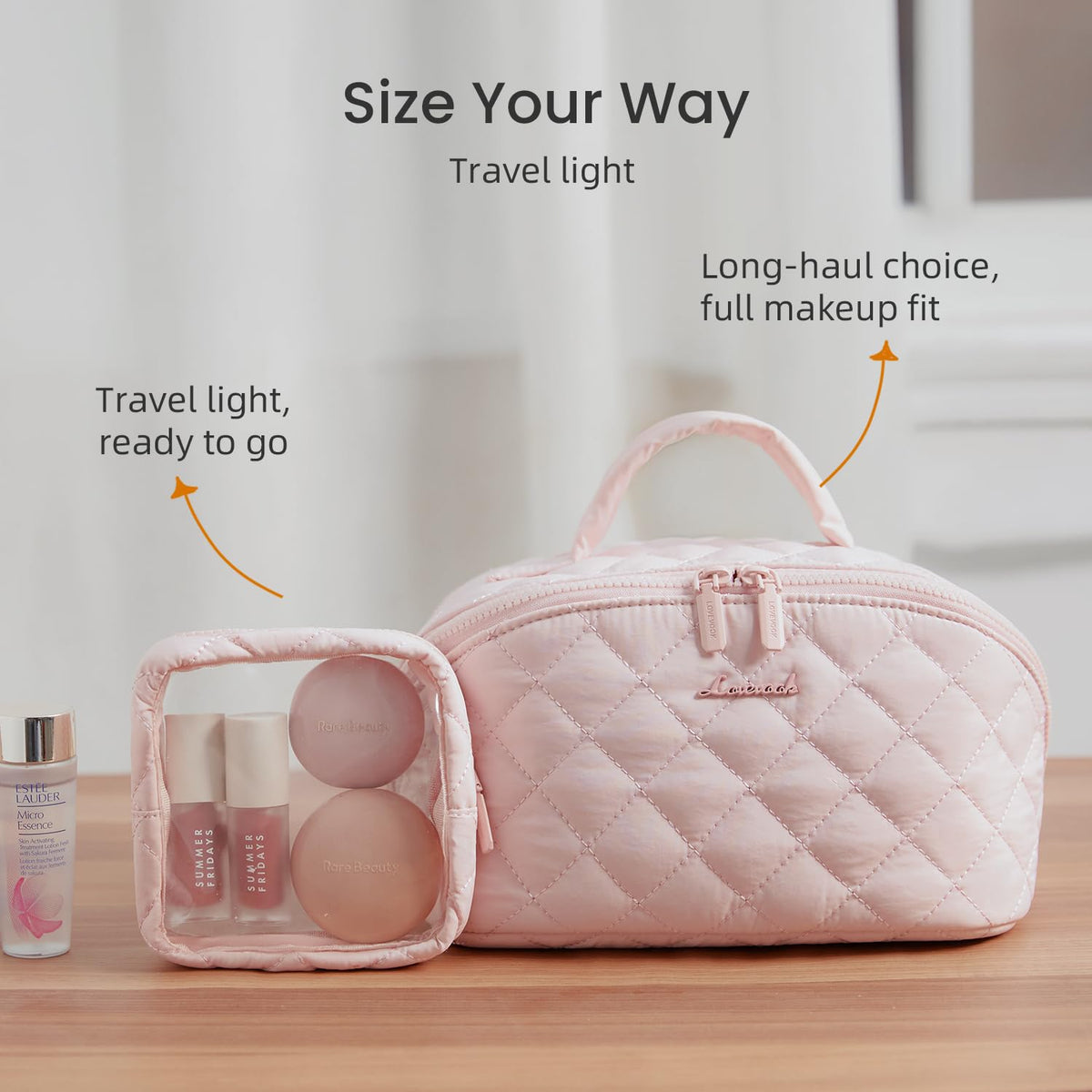 LOVEVOOK Travel Makeup Bag for Women, 2Pcs Puffer Waterproof Cosmetic Organizer, Large Capacity Pouch Open Flat Small Toiletry Bag with Brush Compartment & Handle (Pink, Medium)