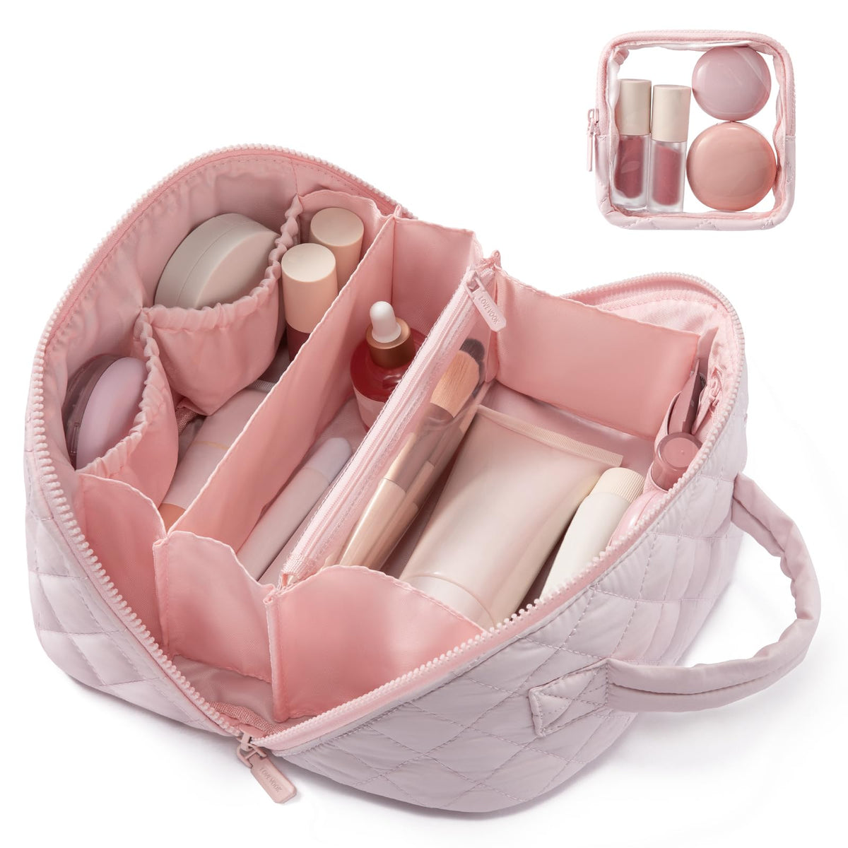LOVEVOOK Travel Makeup Bag for Women, 2Pcs Puffer Waterproof Cosmetic Organizer, Large Capacity Pouch Open Flat Small Toiletry Bag with Brush Compartment & Handle (Pink, Medium)