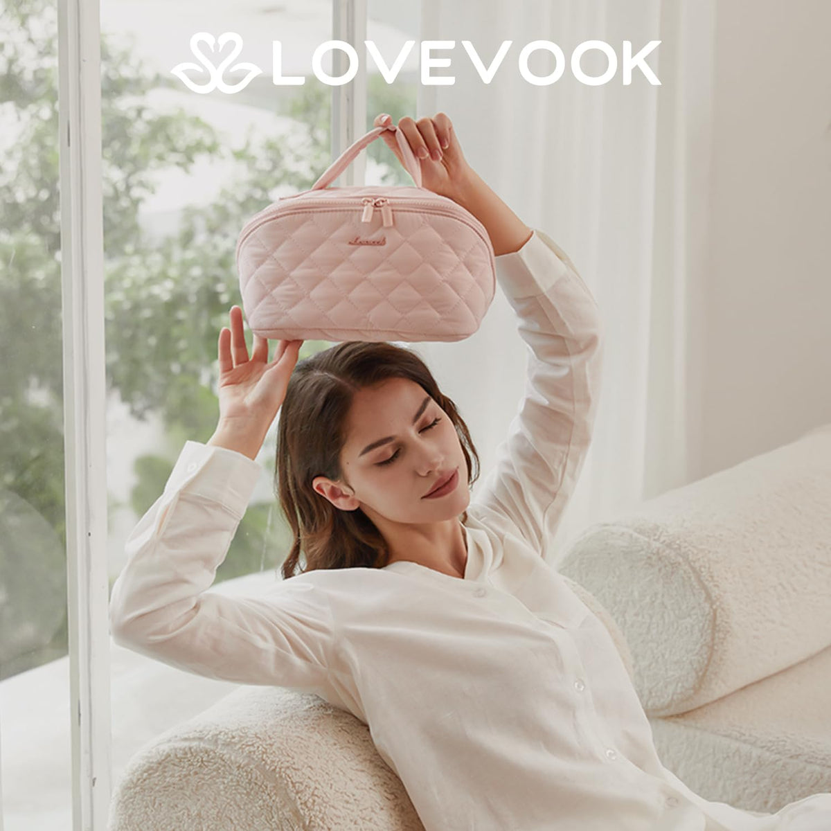 LOVEVOOK Travel Makeup Bag for Women, 2Pcs Puffer Waterproof Cosmetic Organizer, Large Capacity Pouch Open Flat Small Toiletry Bag with Brush Compartment & Handle (Pink, Medium)